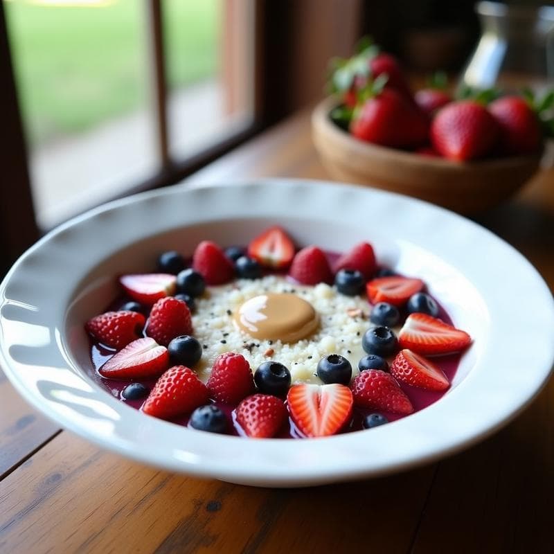 Bowl blanco con capas de pudín cremoso de arrurruz, frutos rojos frescos enteros y triturados, crema de almendras en el centro, semillas de chía y coco rallado espolvoreados, receta de desayuno brasileño sin gluten y vegano.