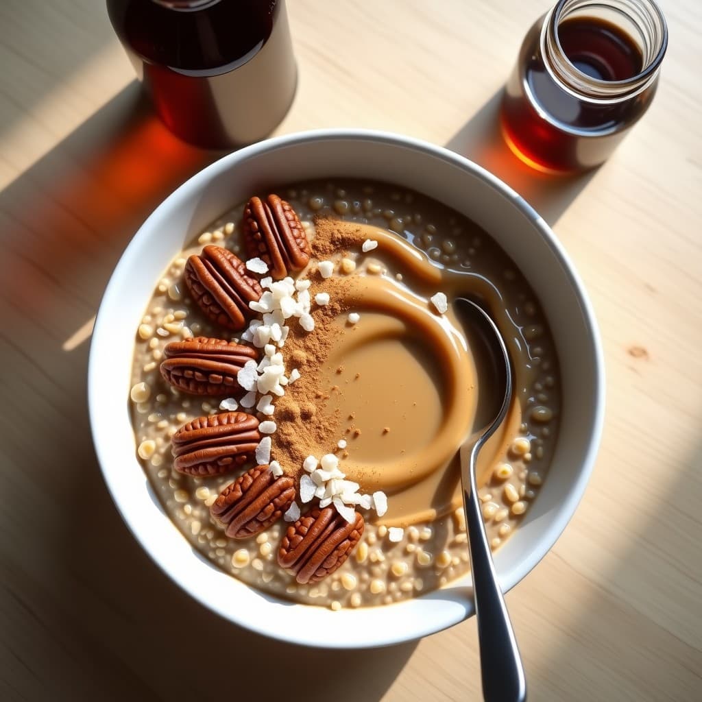 Bowl de cerámica blanca con capas de avena cremosa, semillas de chía y cacao, decorado con almendras tostadas, nueces pecanas y coco rallado. Hilo de miel de agave y espolvoreado de canela. Receta de bowl de avena y café cold brew energético para desayuno.