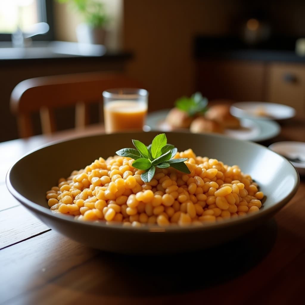 Bowl de avena nocturna cremosa con semillas de chía, cubos de pera asada dorada, nueces pecanas y coco rallado, servido en plato blanco sobre fondo de madera clara.