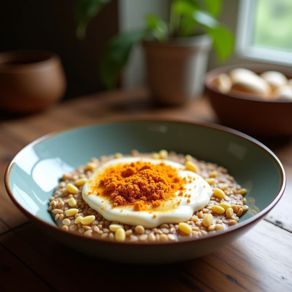 Bowl blanco con base cremosa de avena germinada y leche de coco, decorado con arándanos frescos, almendras fileteadas, coco rallado y un toque de canela, representando un desayuno superalimento andino.