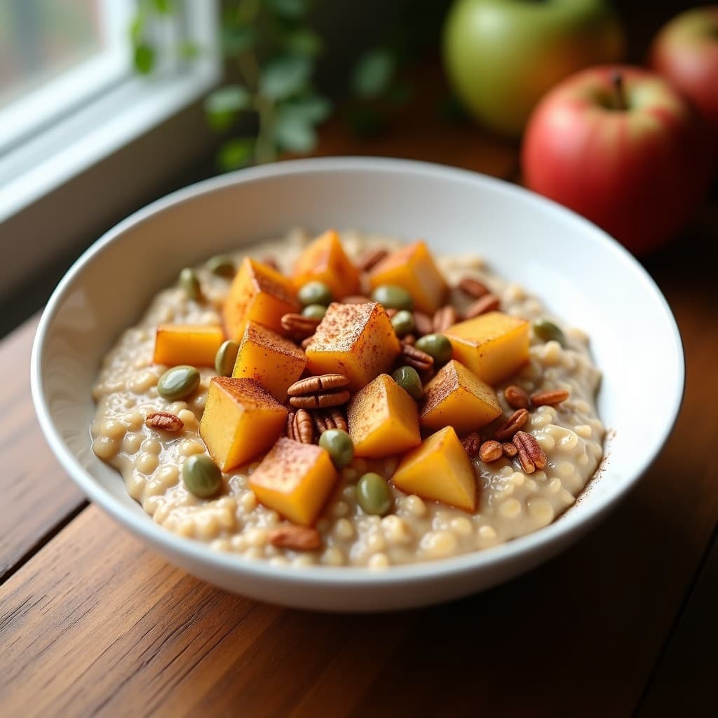 Bowl hondo de cerámica blanca con base cremosa de avena baja en carbohidratos, coronado con topping de manzana verde asada dorada con canela, semillas de calabaza tostadas y nueces pecanas picadas. Desayuno keto saludable y rápido.