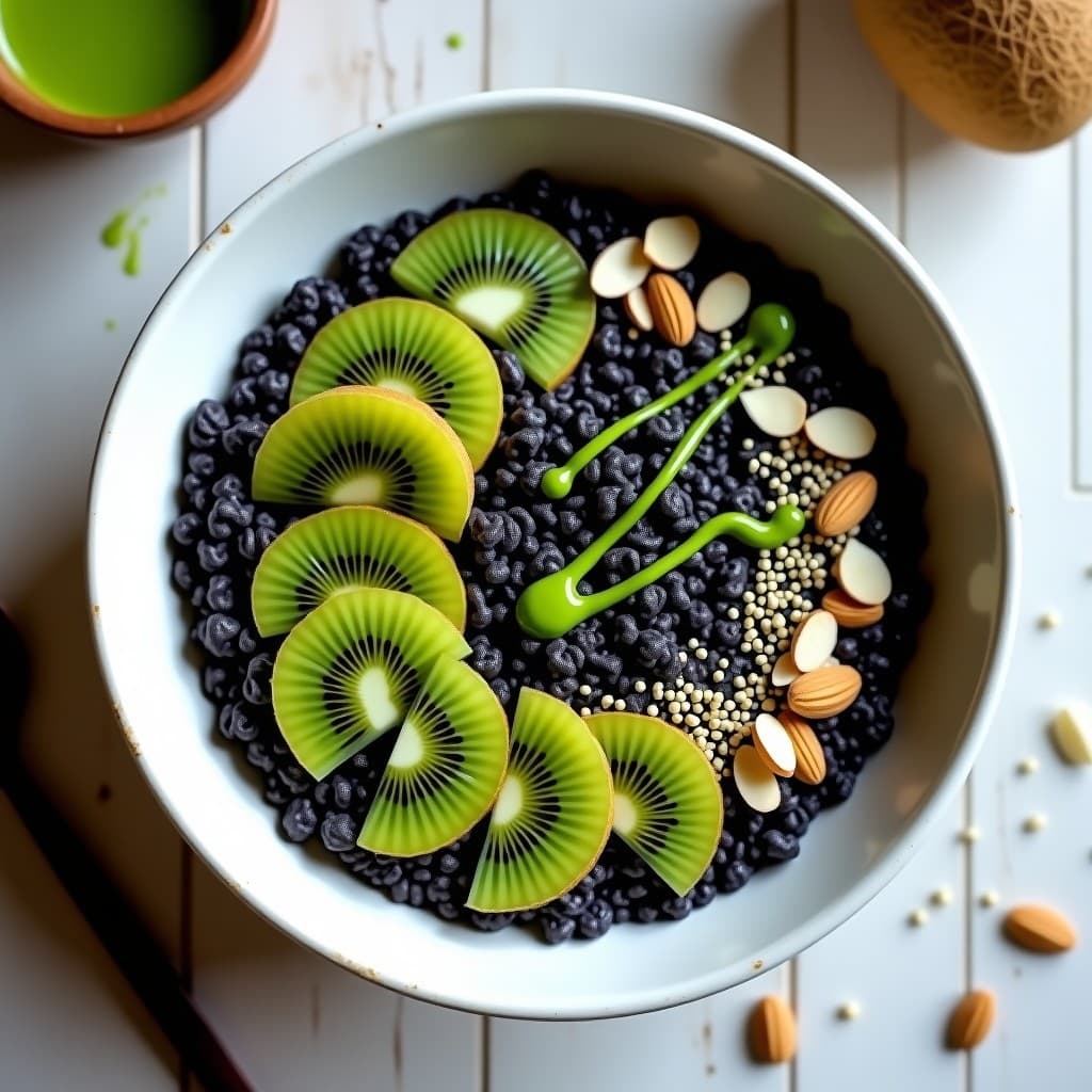 Bowl de avena negra con rodajas de kiwi verde y dorado, semillas de chía y almendras fileteadas, bañado con una salsa de matcha verde intenso. Desayuno japonés keto y sin azúcar en un plato blanco rústico con fondo de madera clara.