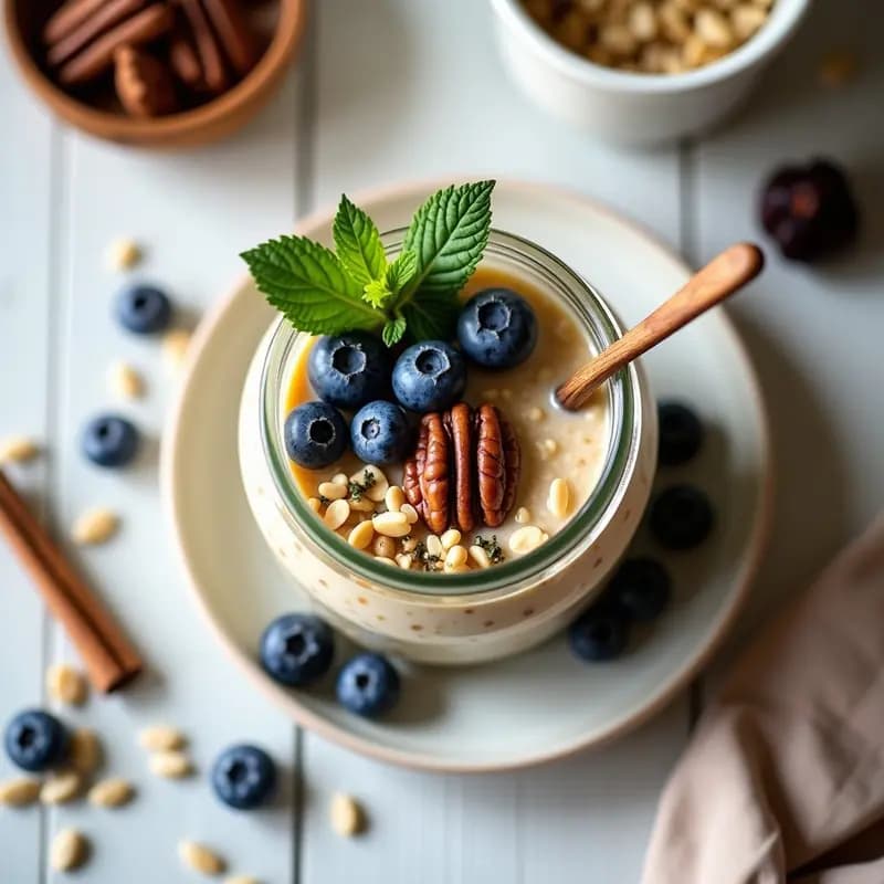 Bowl de avena nocturna en tarro de vidrio transparente, con capas cremosas de avena remojada en leche de avena, semillas de cánamo espolvoreadas, arándanos frescos, nueces pecanas picadas y hojas de menta como decoración. Plato saludable alto en omega-3, sin cocinar, sobre fondo de madera clara con luz natural.