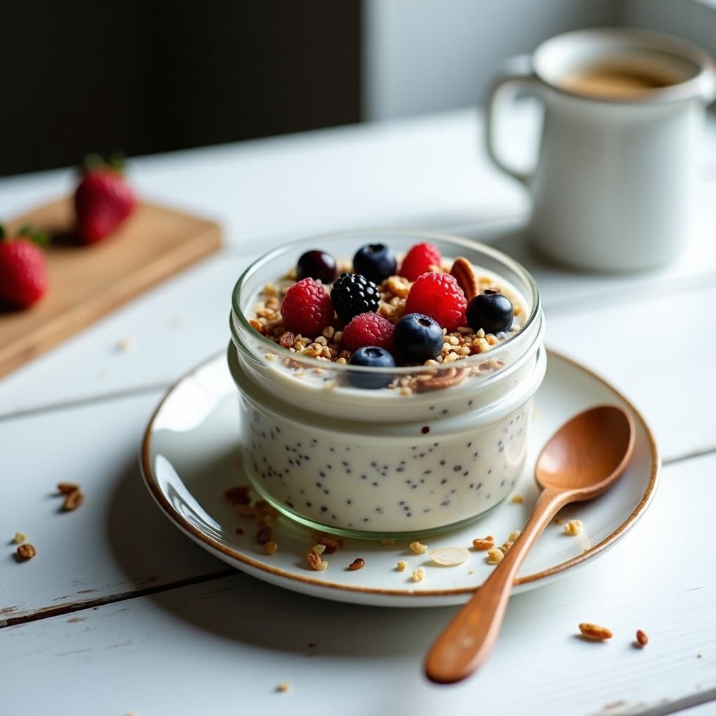 Bowl de vidrio transparente con avena nocturna cremosa, semillas de chía negras, frutos rojos frescos (arándanos, frambuesas y moras), nueces pecanas tostadas y coco rallado. Fondo blanco con detalles de madera rústica y una cuchara de madera al lado.