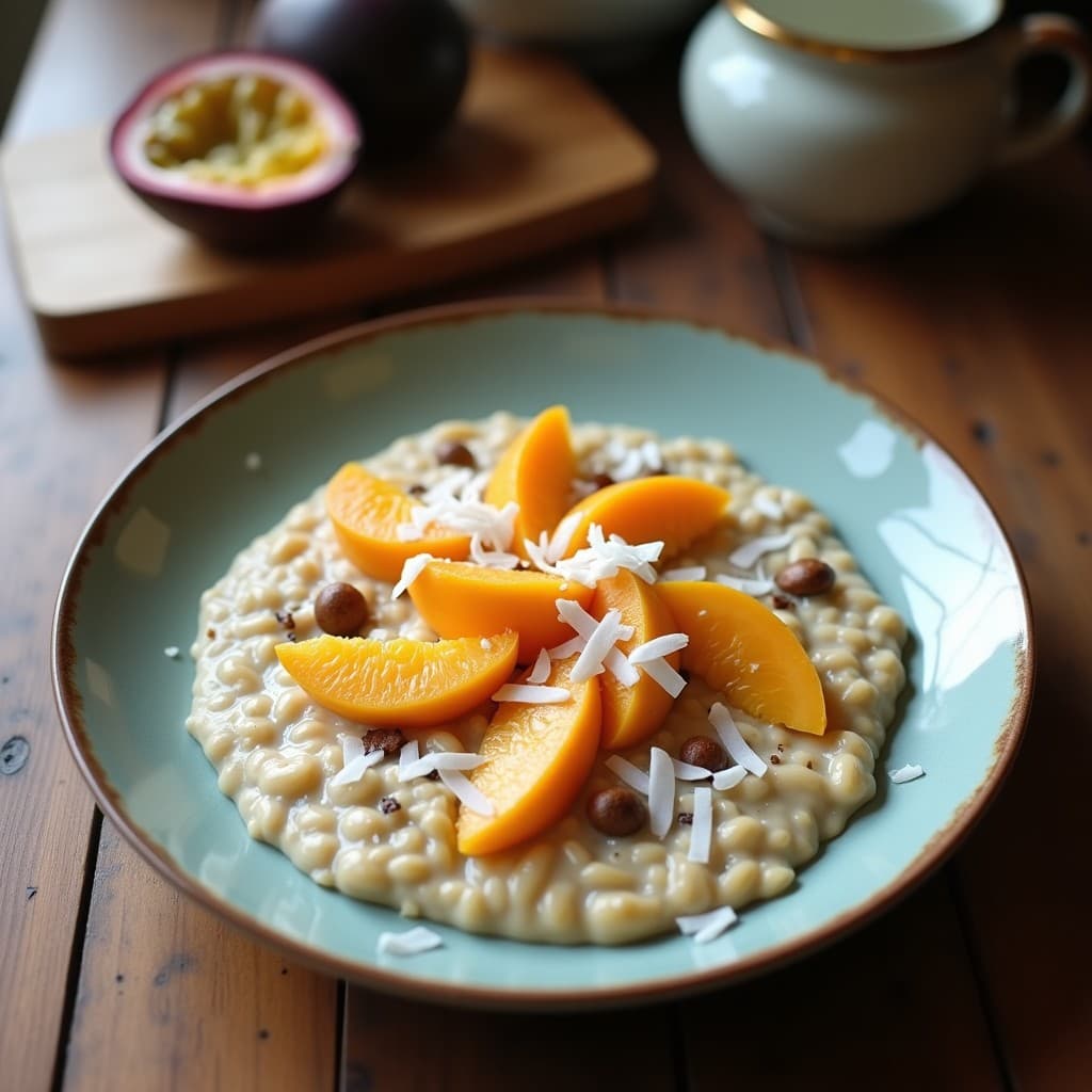 Bowl de cristal transparente con avena nocturna cremosa, coronado con puré de maracuyá amarillo, coco rallado blanco y toppings crujientes como granola y almendras. Fondo de madera rústica con una cuchara de madera y hojas de menta fresca. Desayuno sin cocinar rico en fibra.