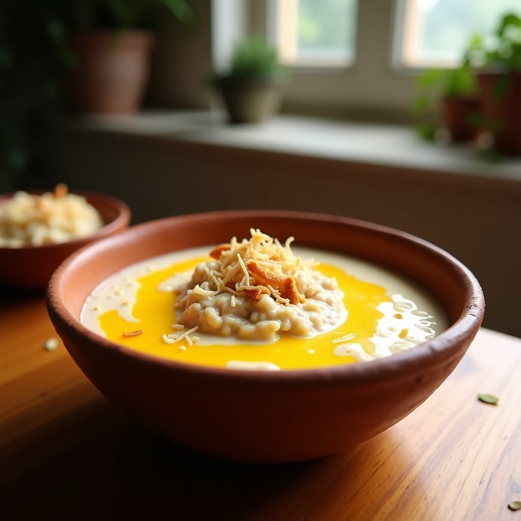 Bowl de avena nocturna cremosa con sema de chía, puré de maracuyá amarillo vibrante, decorado con semillas de girasol y coco rallado. Desayuno colombiano proteico en recipiente rústico de barro.