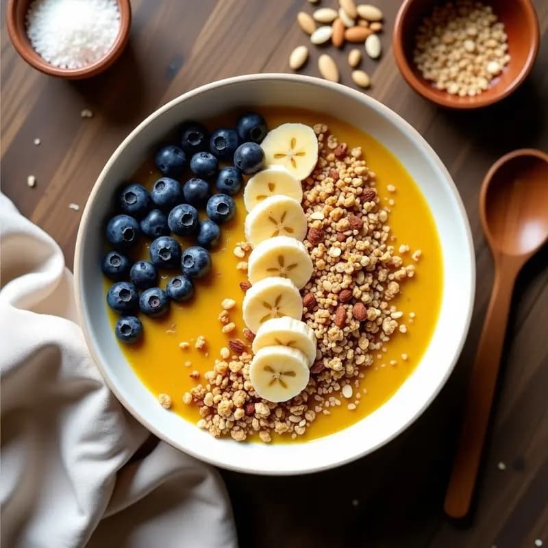 Bowl de avena nocturna con leche de turmería de color amarillo dorado, decorado con granola de quinoa crujiente, rodajas de plátano, arándanos frescos y coco rallado. Presentación en capas con contraste de texturas y colores vibrantes, ideal para desayuno ayurvédico.