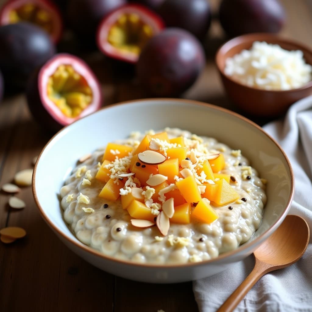 Bowl de avena nocturna cremosa en tazón de cerámica blanca, cubierto con compota de maracuyá dorada, coco rallado y almendras fileteadas, servido sobre mesa de madera con fondo desordenado de ingredientes brasileños.