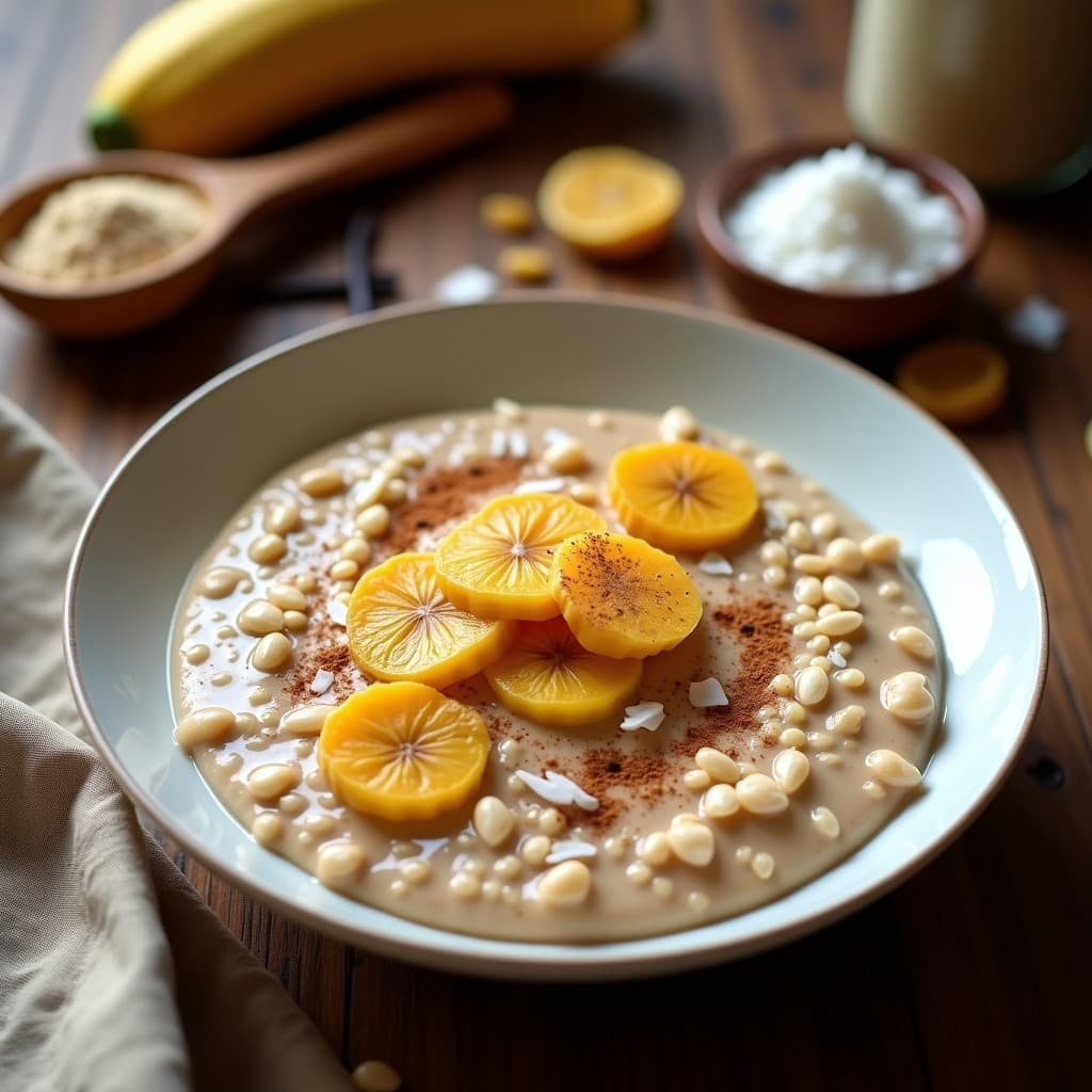 Bowl de avena nocturna cremosa en tazón de cerámica blanca, coronado con semillas de sacha inchi doradas, rodajas de plátano macho maduro, coco rallado y un espolvoreado de canela. Fondos de ingredientes peruanos como lúcuma en polvo y vainilla bourbon sobre una mesa de madera rústica.