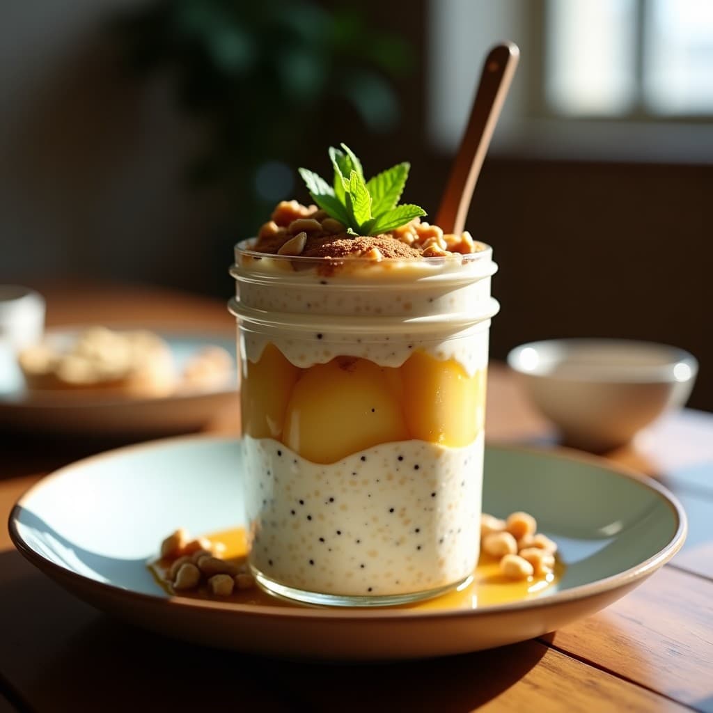 Bowl de vidrio transparente con capas de avena nocturna cremosa, semillas de cande tostadas, compota de manzana dorada y trozos de nuez, decorado con canela en polvo y hojas de menta fresca.