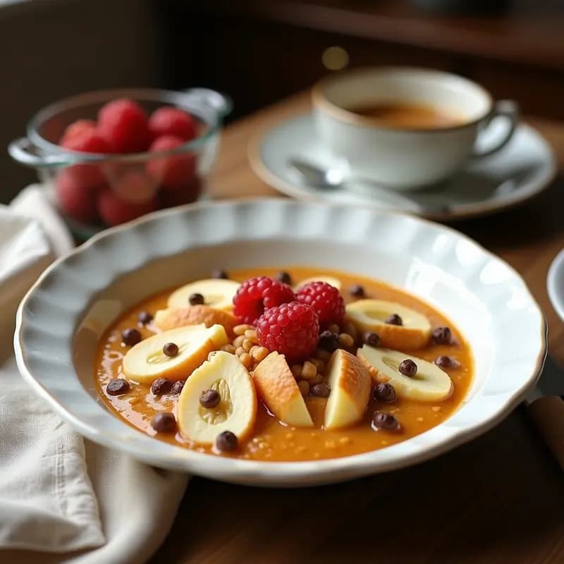Bowl de avena cremosa con leche de soja, puré de castañas espeso, especias visibles y toppings de almendras tostadas y semillas de lino dorado, servido en un plato hondo de cerámica blanca sobre fondo rústico de madera.