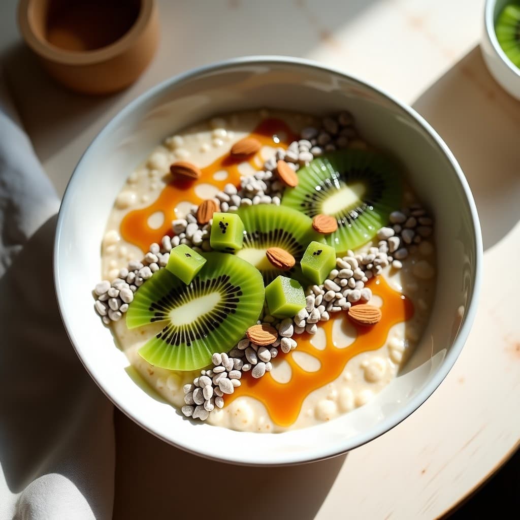 Bowl de avena cremosa con trozos de kiwi verde, semillas de cáñamo y chía, decorado con sirope de arce, coco rallado y almendras fileteadas sobre fondo claro.
