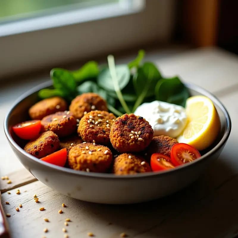 Bowl colorido con base de lechuga romana, cubos de batata morada asada, falafel dorado y crujiente espolvoreado con sésamo, tomates cherry y salsa cremosa de yogur. Plato saludable y alto en fibra cocinado en airfryer.