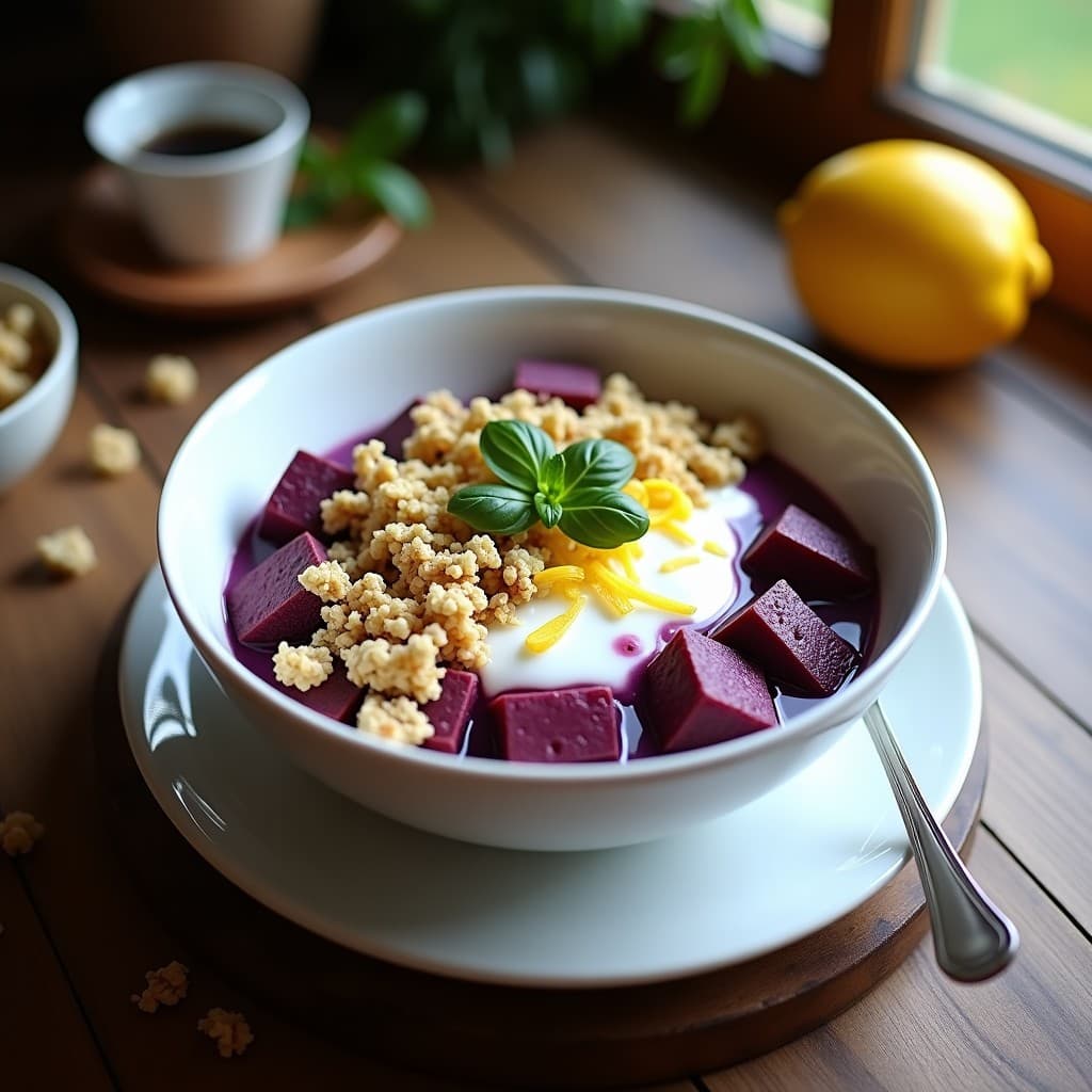 Bowl de cerámica blanca con cubos de batata morada horneada, kéfir de coco cremoso, granola de quinoa dorada con semillas de calabaza y coco rallado, decorado con albahaca fresca y zest de limón. Plato colorido y vibrante, ideal para un desayuno probiótico y energético.