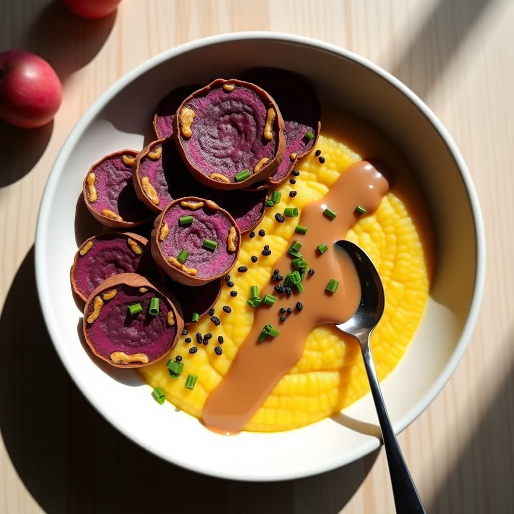 Bowl de desayuno keto y vegano con polenta cremosa de color amarillo pálido, rodajas de batata morada horneadas crujientes, crema de cacahuete espesa en zigzag, semillas de chía y cebollino picado. Plato blanco rústico sobre fondo de madera clara con luz natural.