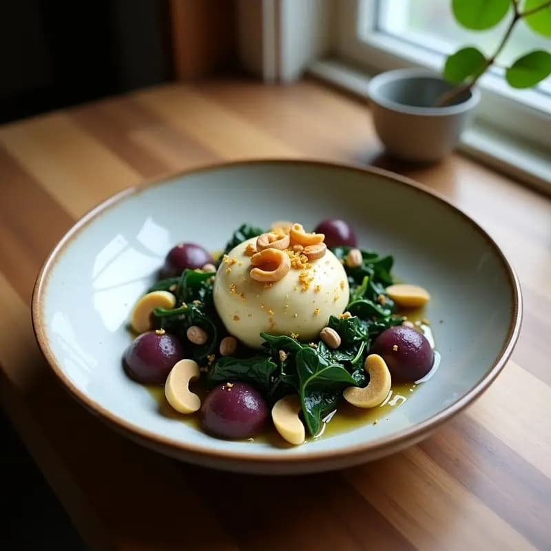 Bowl vegano colorido con batata morada asada, espinacas salteadas, aguacate en láminas, tomates cherry y queso de anacardos cremoso con toque ahumado, decorado con semillas de sésamo.