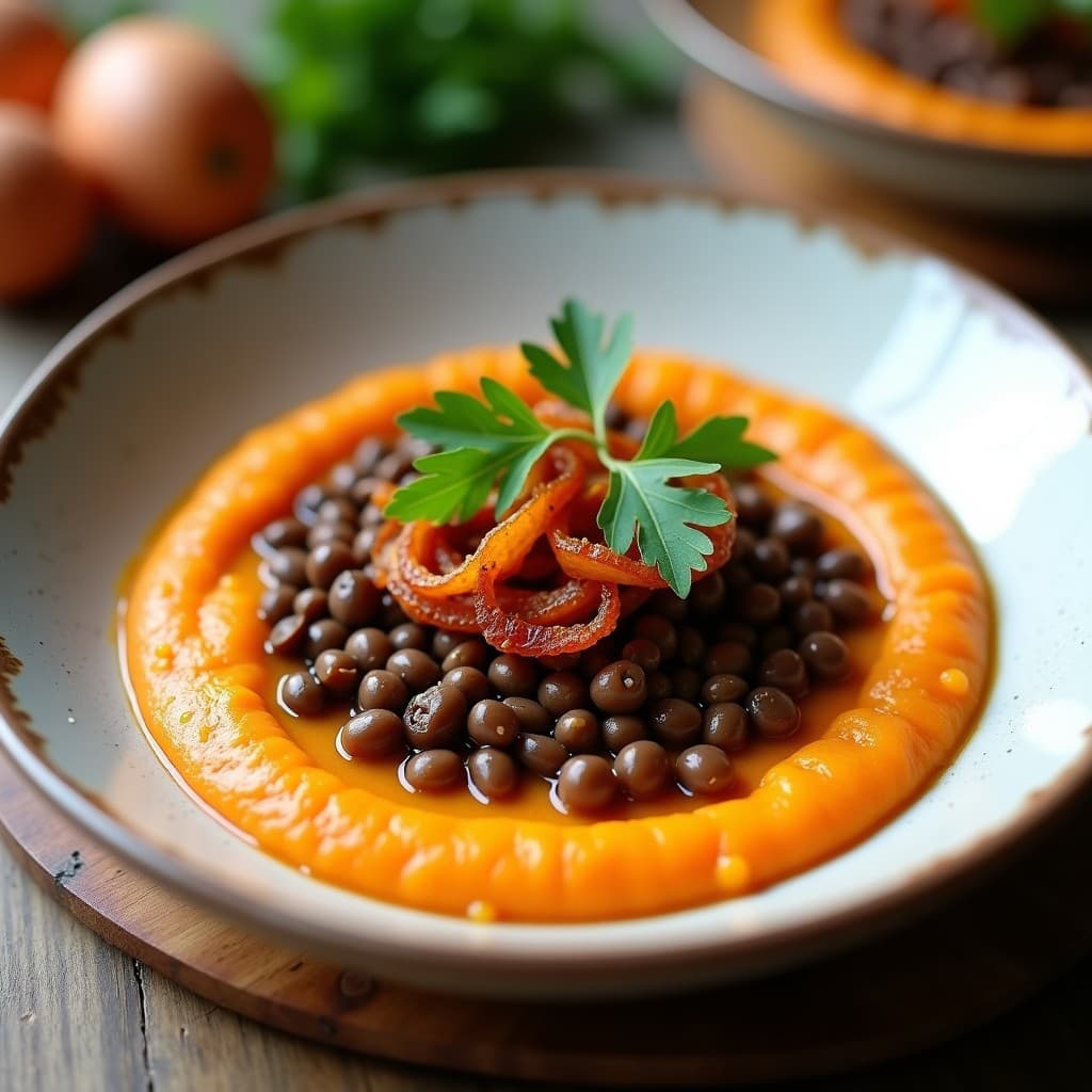 Bowl hondo de cerámica blanca con puré de boniato cremoso en la base, lentejas pardina estofadas encima, crujiente de cebolla morada dorada y perejil fresco. Plato vegano español reconfortante con contrastes de textura.