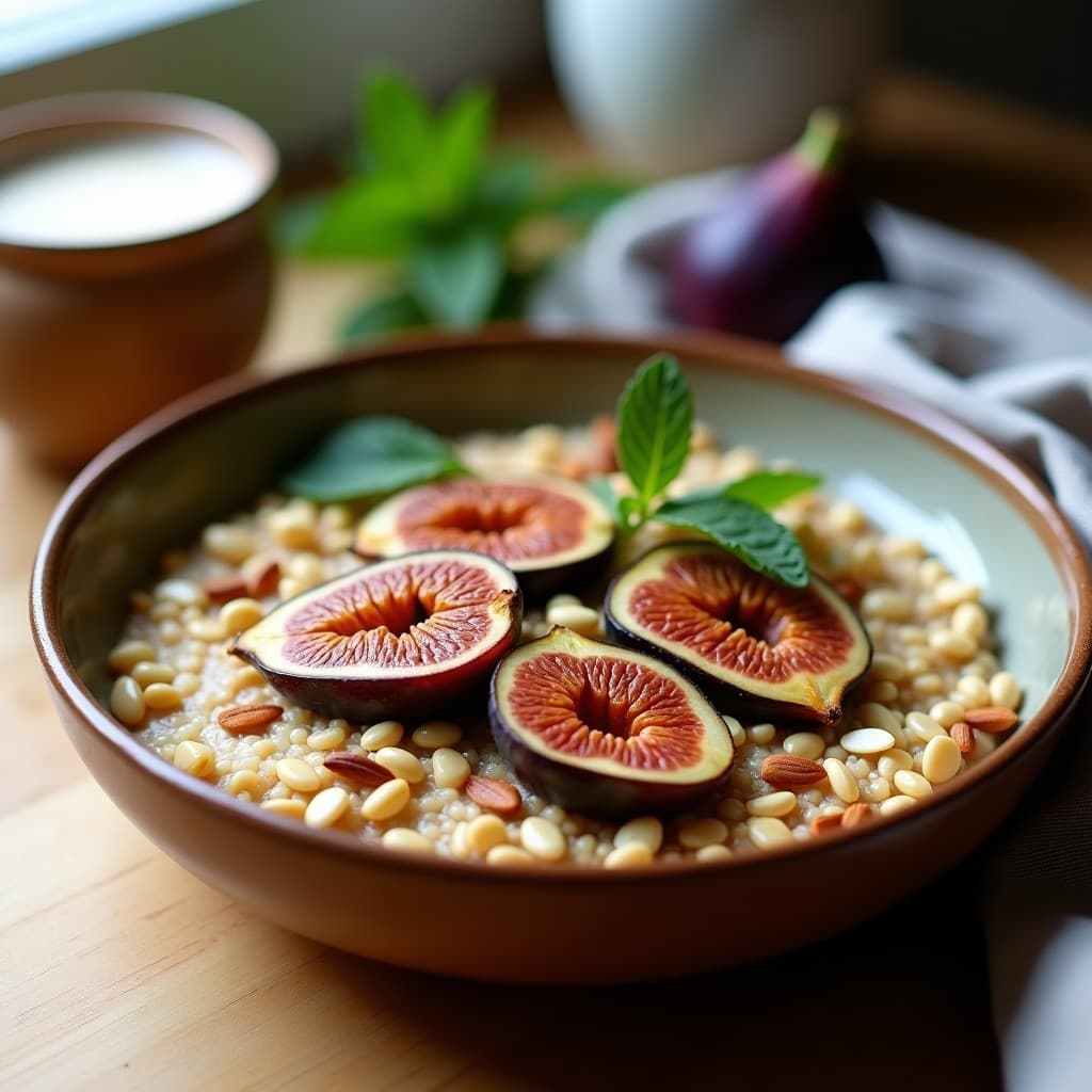 Bowl de buckwheat cocido al dente con higos asados dorados y caramelizados, crema de tahini sedosa con vetas, semillas de calabaza y almendras tostadas, decorado con hojas de menta. Desayuno sin gluten y energético.