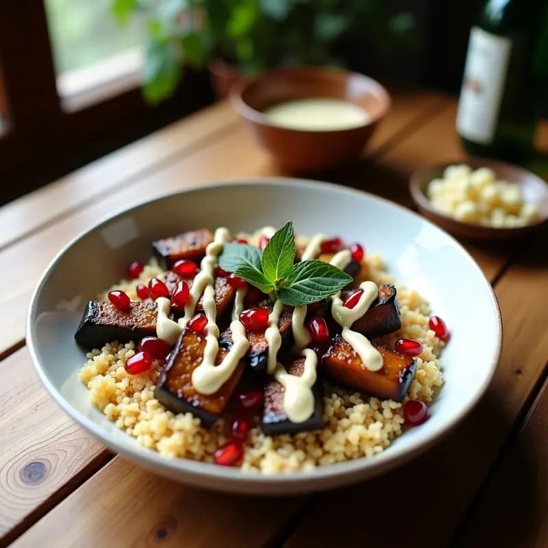 Bowl de bulghur turco vegano con berenjena asada dorada, granos de granada rojos brillantes y aderezo de tahini cremoso, decorado con hojas de menta fresca sobre fondo rústico de madera.