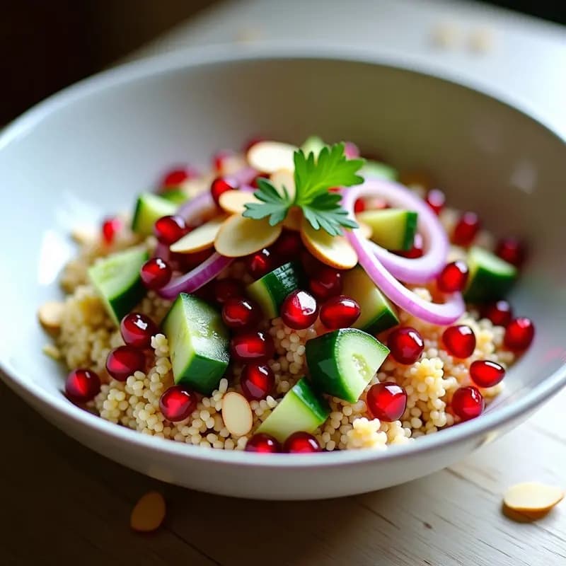 Bowl colorido de bulgur con granos de granado rojos, pepino verde, cebolla morada y almendras laminadas, bañado en vinagreta de sumac. Plato libanesa antioxidante listo para tupper.