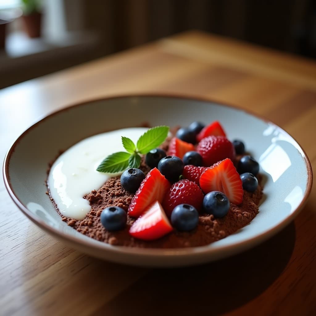 Bowl de desayuno keto con base cremosa de yogur griego y cacao puro, decorado con frutos del bosque frescos, almendras fileteadas, semillas de chía y coco rallado sobre fonda blanco rústico.