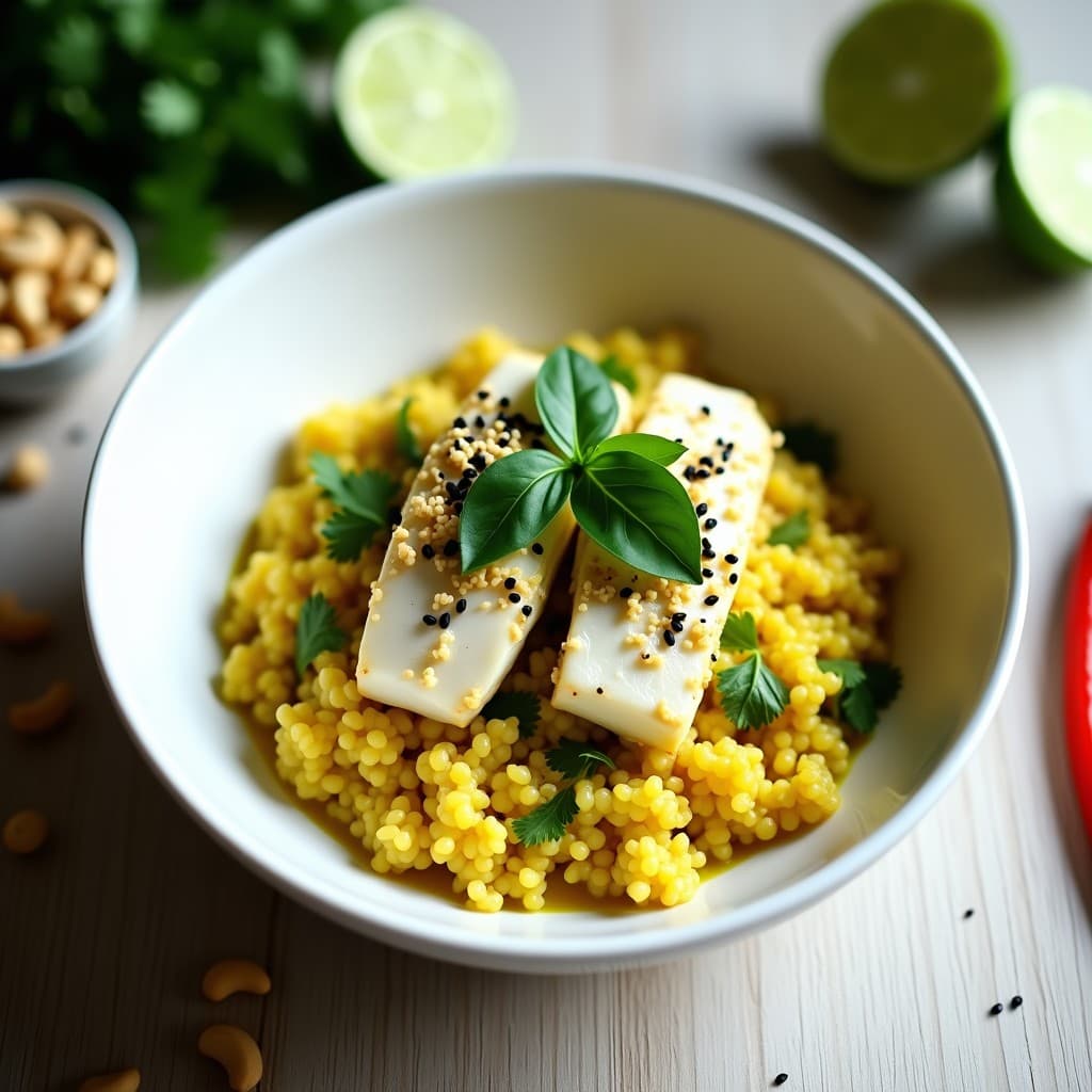Bowl de cauliflower rice con pescado al curry verde tailandés. Plato hondo blanco con arroz de coliflor dorado, filetes de merluza desmenuzados bañados en salsa verde cremosa, decorado con albahaca tailandesa, anacardos tostados, cilantro fresco y semillas de sésamo negro. Fondo rústico de madera clara con ingredientes frescos dispersos.