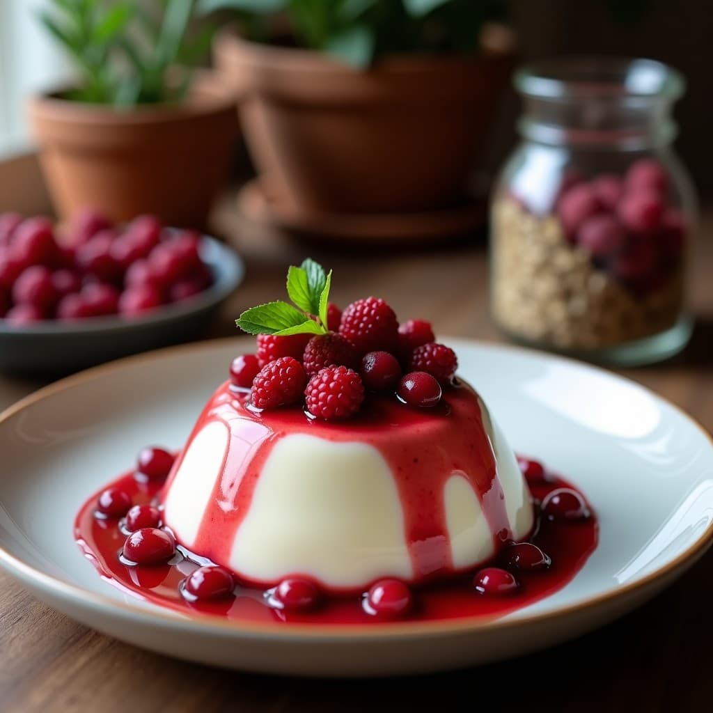 Bowl de desayuno detox con semillas de chía hidratadas en leche de coco, decorado con frutos rojos frescos, coco rallado y almendras fileteadas, servido en un plato blanco sobre fondo rústico.
