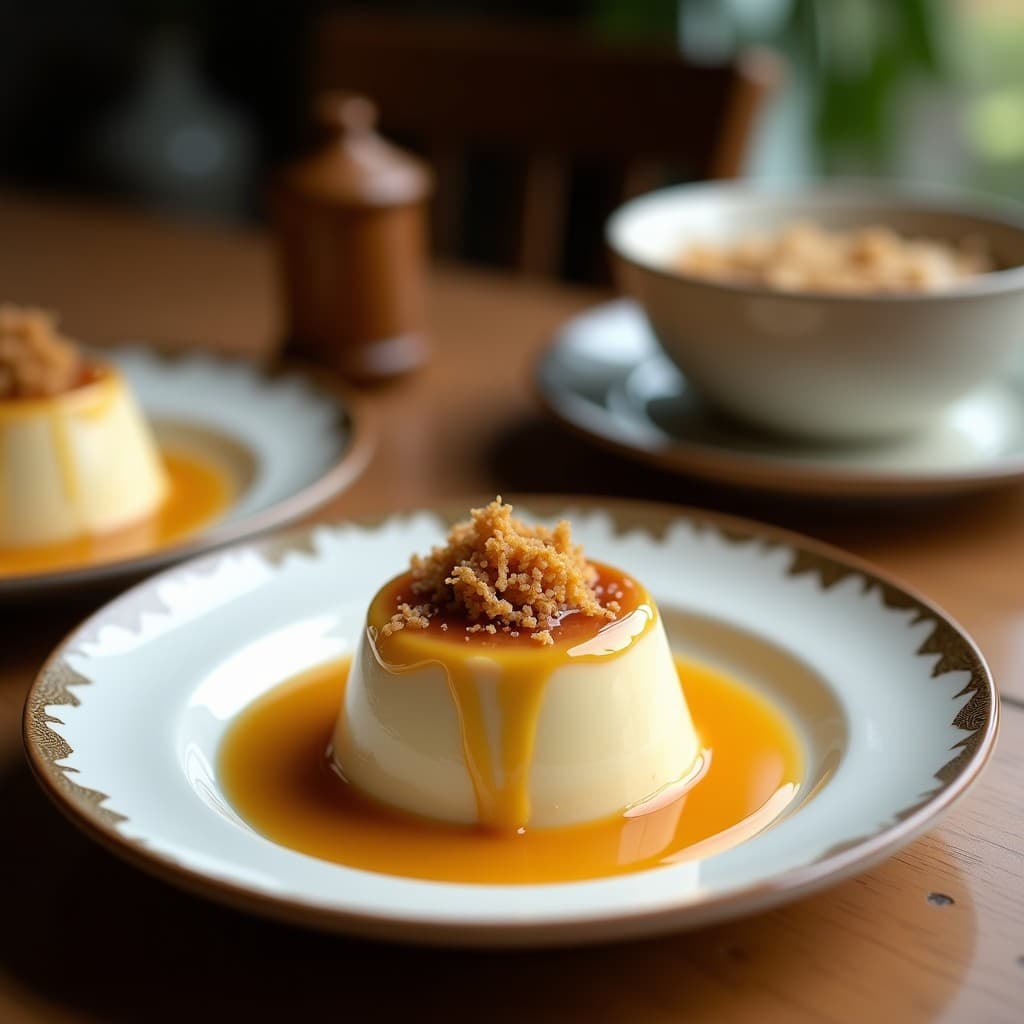 Bowl de cristal transparente con pudín de chía cremoso, caramelo dorado de lúcuma en el centro, decorado con frutos rojos, coco rallado y almendras fileteadas. Desayuno peruano superfood saludable y colorido.