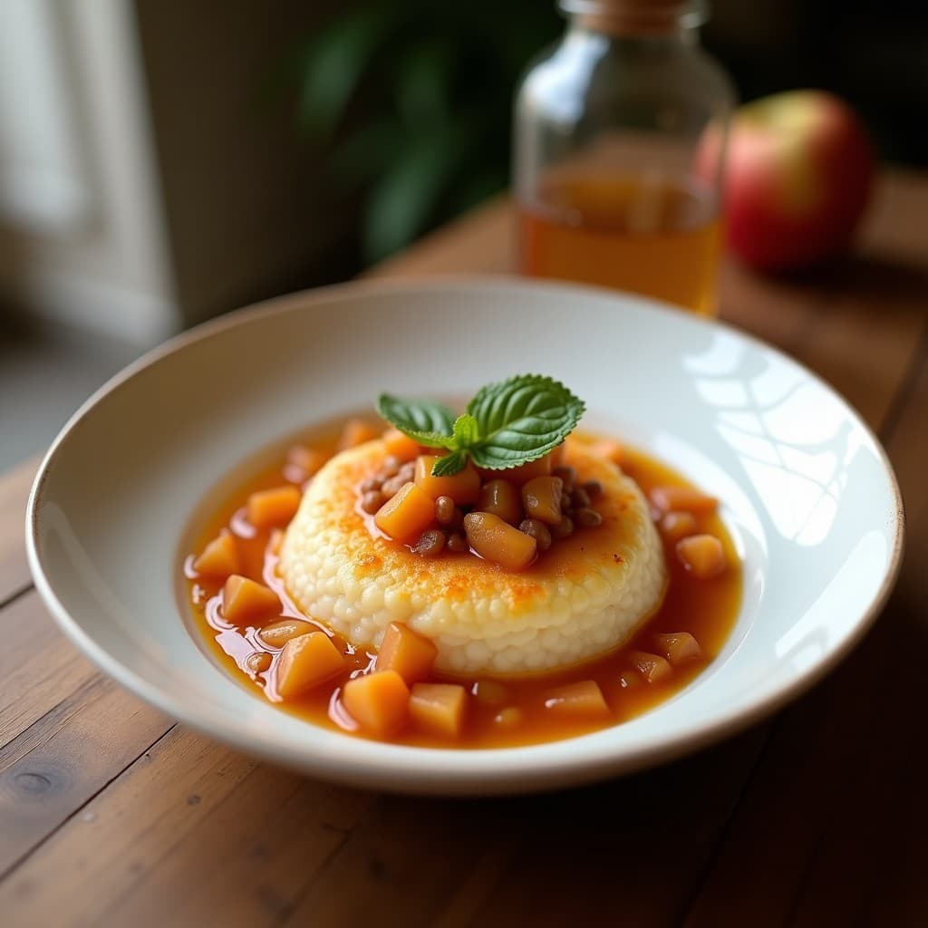 Bowl de chía cremoso con leche de sésamo, cubierto de compota de durazno dorada, almendras fileteadas, coco rallado y semillas de girasol. Desayuno vegano alto en calcio servido en un bol de cerámica blanca con fondo rústico.
