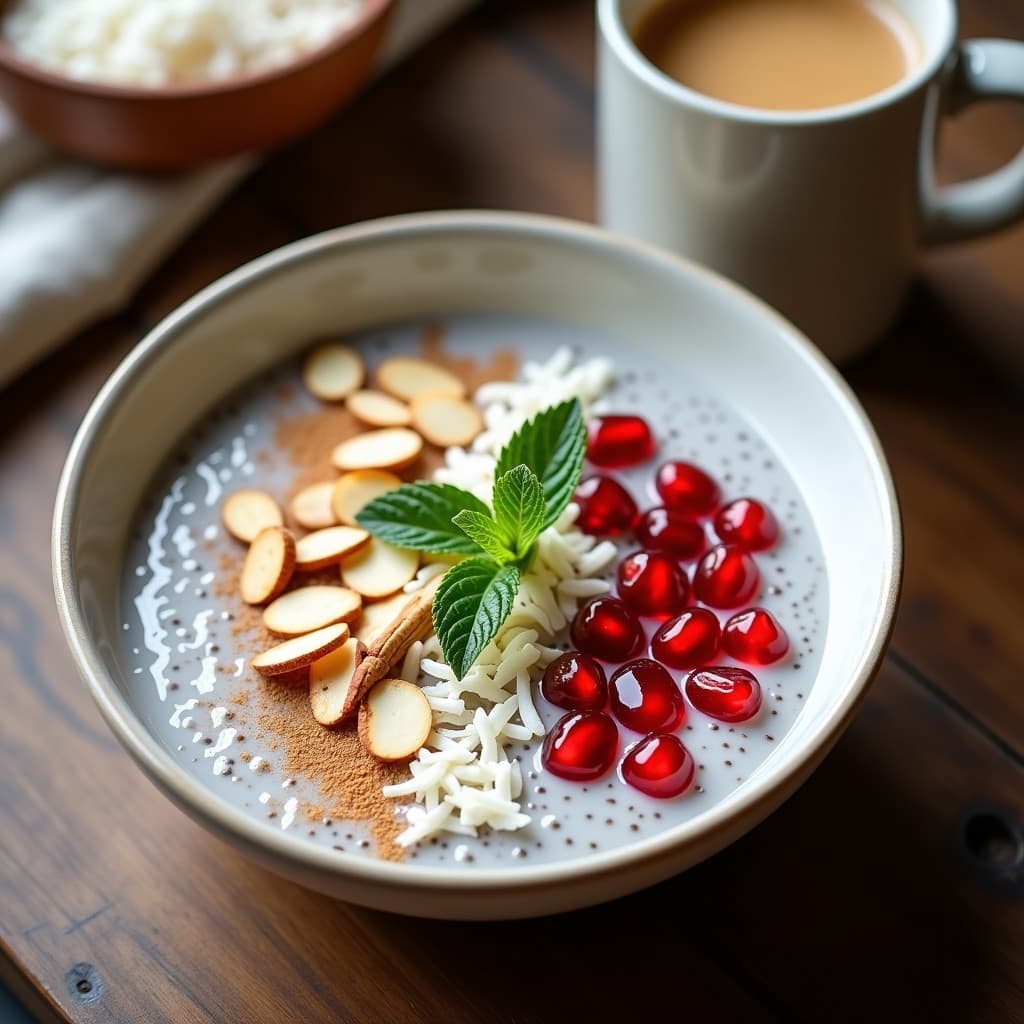 Bowl de chía cremoso con leche de tigernut, decorado con semillas de granada rojas intensas, copos de coco tostados, almendras fileteadas y un espolvoreado de canela en polvo, servido en un bol de cerámica blanca sobre una mesa de madera rústica.