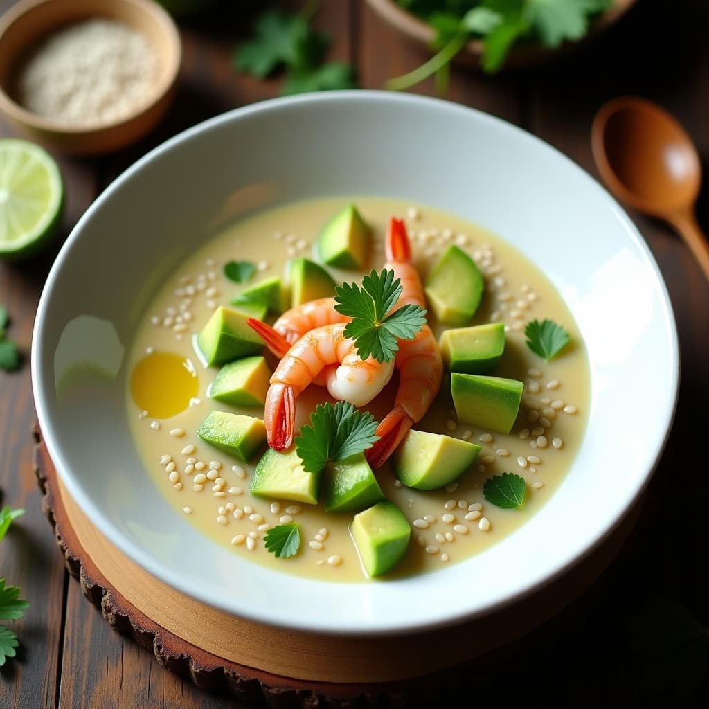 Bowl de chía con pudín cremoso, mariscos marinados en leche de tigre, aguacate en cubos y semillas de sésamo, servido en un plato hondo de cerámica blanca con fondo rústico.
