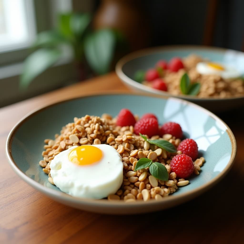 Bowl hondo de cerámica blanca con capas de yogur de coco cremoso, pudín de chía negro y granola dorada de cacahuete, decorado con un hilo de crema de cacahuete y coco rallado. Desayuno keto saciante.