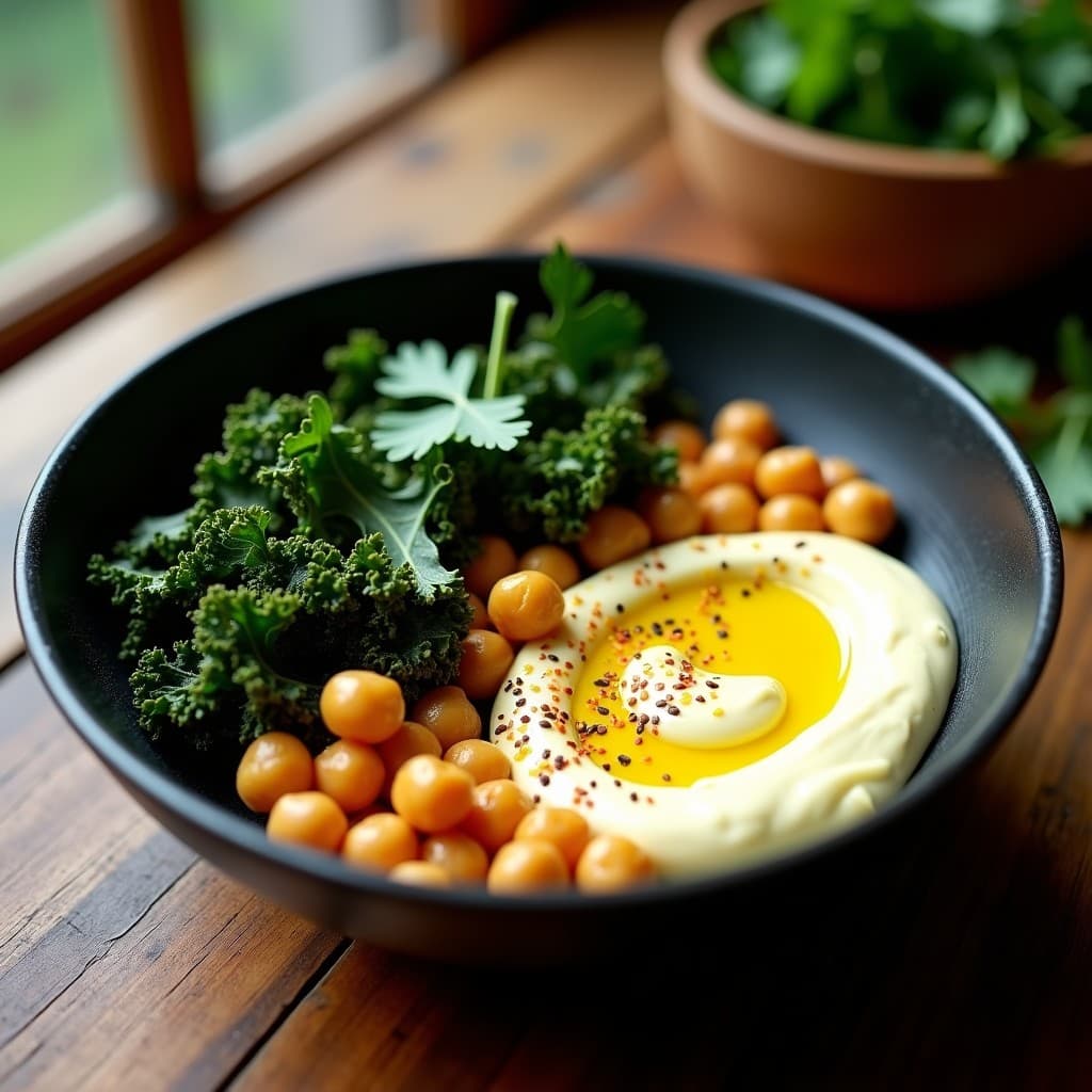 Bowl hondo de cerámica negra con alioli vegano cremoso en el centro, rodeado de garbanzos dorados y crujientes, chips de col rizada verde oscura, semillas de ajonjolí y hojas de cilantro fresco. Plato gourmet vegano con texturas contrastadas.