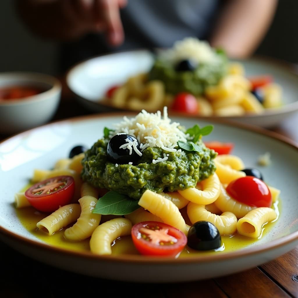 Bowl de conchiglie keto de color dorado con pesto de rúcula verde intenso, decorado con tomates cherry rojos, aceitunas negras y queso pecorino rallado, sobre un plato blanco rústico con fondo de madera oscura.