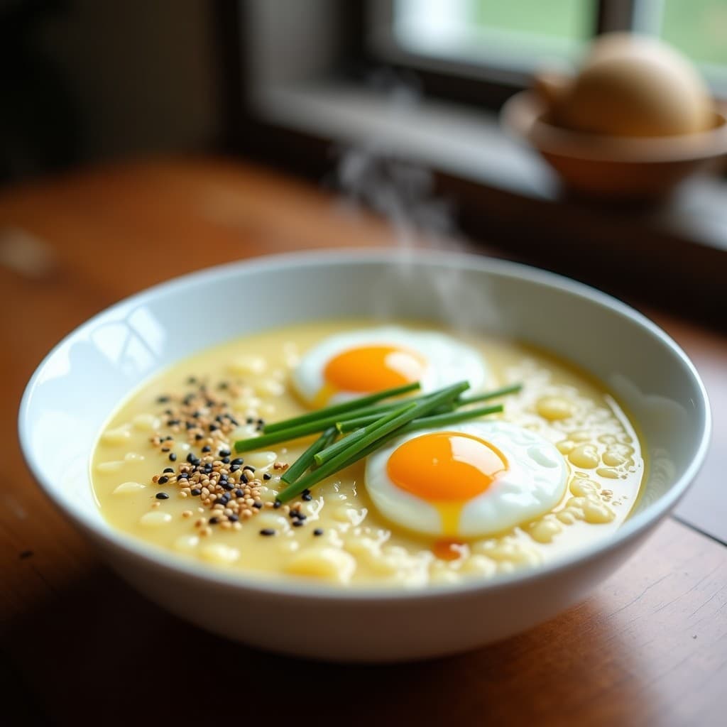 Bowl hondo blanco con congee cremoso de coliflor, coronado por un huevo pochado con yema líquida, cebollino picado y semillas de sésamo negro. Plato de desayuno chino keto con textura sedosa y aromas a jengibre y aceite de sésamo.