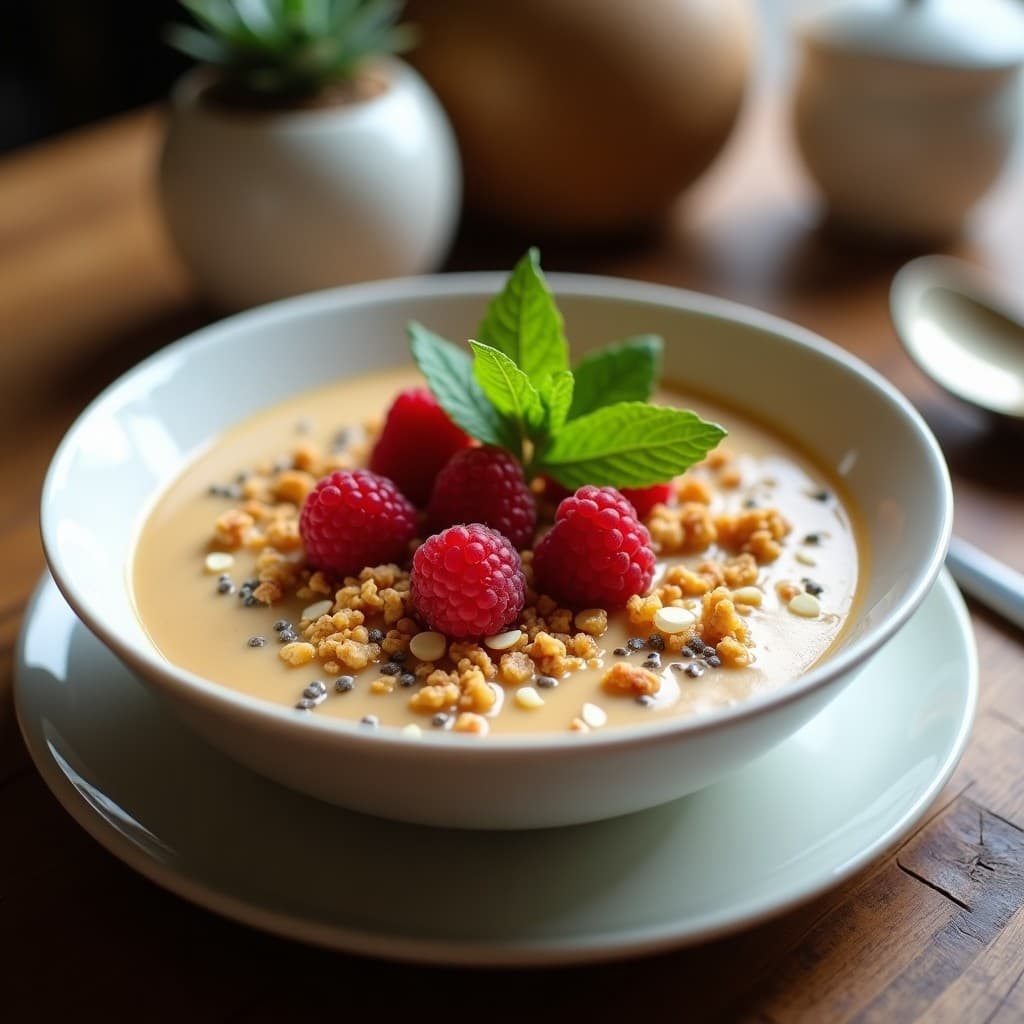 Bowl hondo de cerámica blanca con base cremosa de cupuaçu, cubierto de granola dorada de amaranto, frambuesas frescas y hojas de menta. Desayuno brasilero sin azúcar con textura crujiente y colores vibrantes.