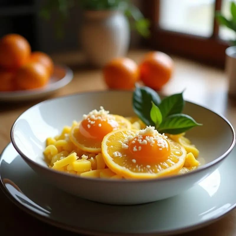 Bowl colorido con base cremosa de avena y cúrcuma, coronado con gajos de arancia fresca, pulpa de granadilla y almendras fileteadas, desayuno antiinflamatorio sin lácteos.