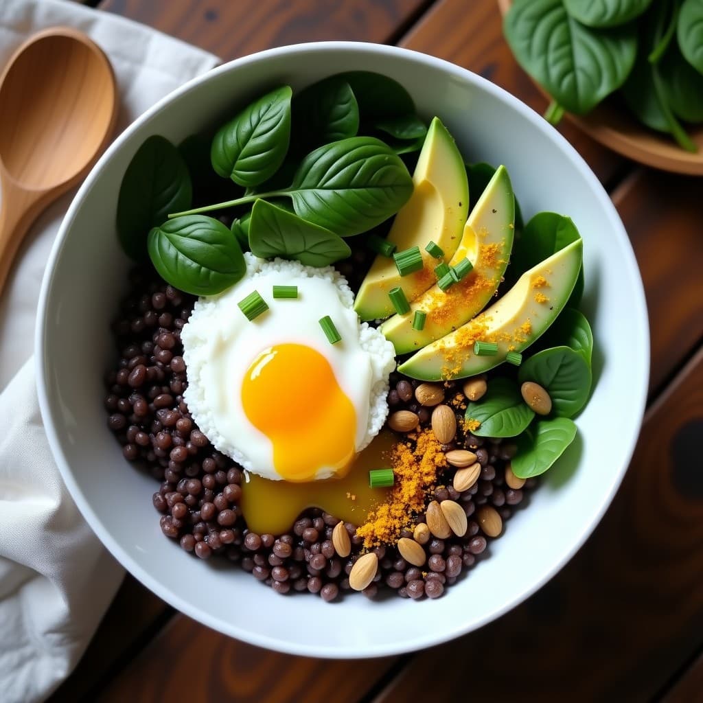Bowl hondo de cerámica blanca con arroz salvaje de color oscuro, espinacas verdes, cubos de aguacate cremoso, huevo pochado con yema líquida y semillas de calabaza tostadas. Decorado con cebollino fresco y un hilo de aceite de coco, sobre fondo rústico de madera.
