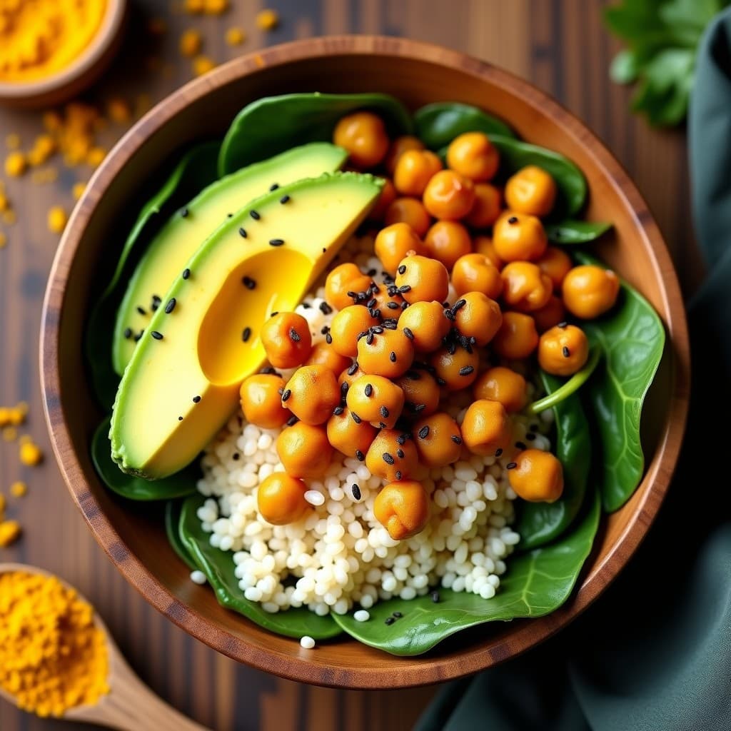 Bowl ayurvédico de cúrcuma y quinoa con garbanzos crujientes dorados, espinacas frescas, aguacate en cubos y semillas de sésamo negro, bañado en un aderezo cremoso de leche de coco y cúrcuma. Plato colorido y saludable sobre fondo rústico de madera.