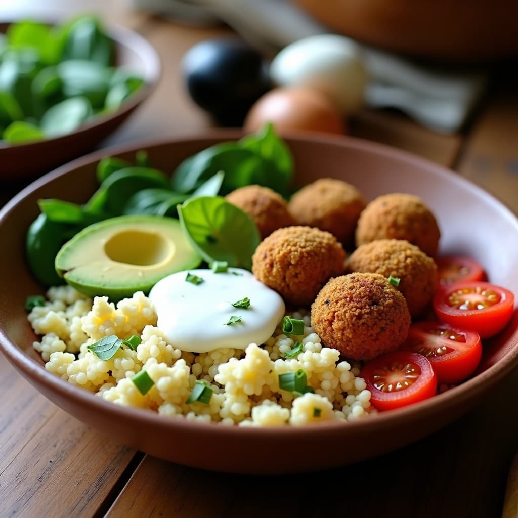 Bowl colorido con cúscus de coliflor dorado, falafel crujiente dorado al horno, aguacate en cubos, cebolla morada y pimiento rojo salteado, aderezo cremoso de yogur y cilantro fresco, sobre fondo rústico de madera.