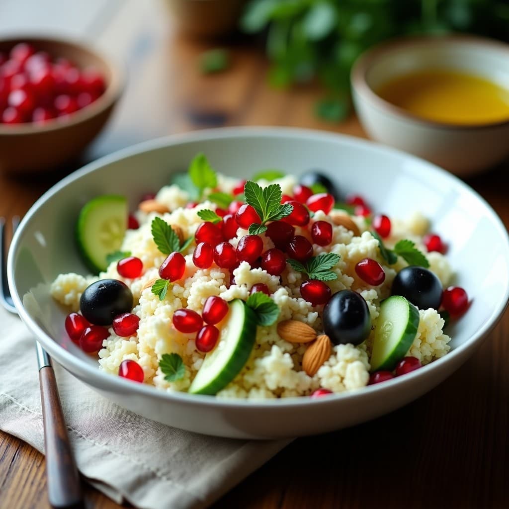 Bowl colorido de cuscús de coliflor con trozos cremosos de feta vegana, semillas de granada rojas brillantes, aceitunas kalamata, pepino en cubos y almendras tostadas, decorado con perejil y menta fresca. Plato mediterráneo keto con texturas crujientes y frescas.