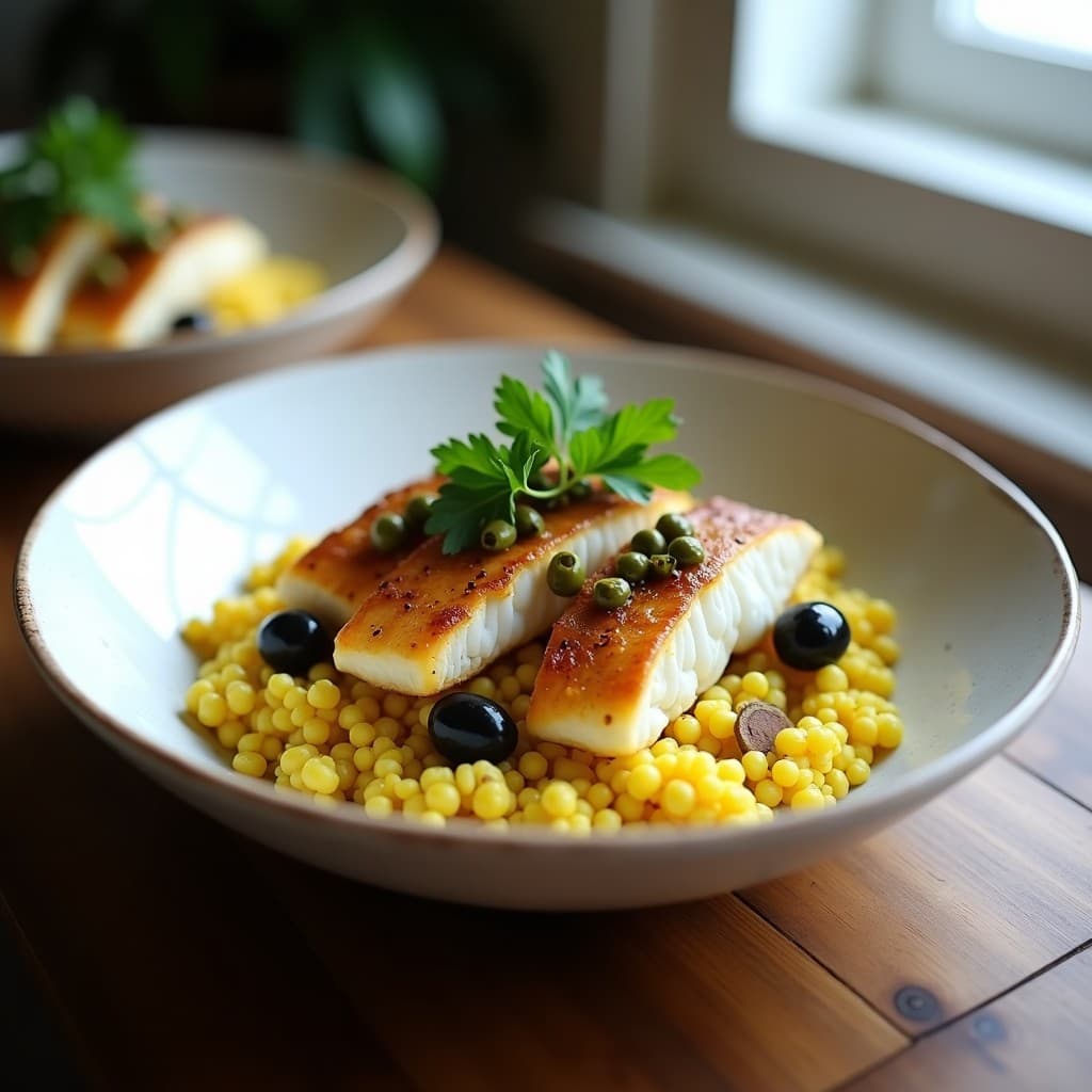 Bowl hondo de cerámica blanca con cuscús de coliflor dorado, filetes de merluza en escabeche bañados en salsa ácida, aceitunas taggiasche negras y perejil fresco. Receta keto italiana elegante y colorida.