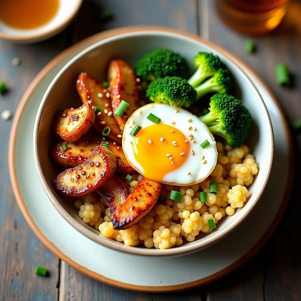 Bowl hondo con base de cuscús de coliflor dorado, tiras de pollito teriyaki brillantes cubiertas de semillas de sésamo, brócoli al vapor verde intenso y un huevo pochado encima. Decorado con cebollino picado y más semillas de sésamo. Plato keto alto en proteínas.