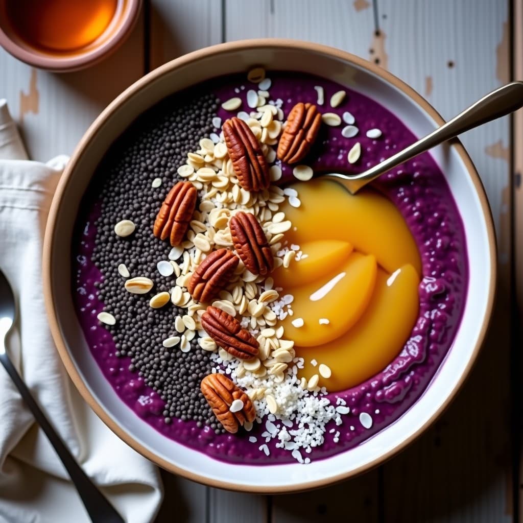 Bowl de desayuno vegano con puré de boniato morado cremoso en la base, compota de manzana dorada encima, decorado con semillas de chía, nueces pecanas tostadas y coco rallado sin azúcar. Presentado en plato blanco sobre fondo rústico de madera.