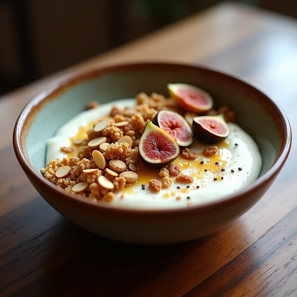 Bowl de desayuno granadino con yogur de almendras cremoso, granola dorada de semillas de amapola y almendras, decorado con higos secos y un hilo de miel de romero sobre un plato rústico de cerámica.