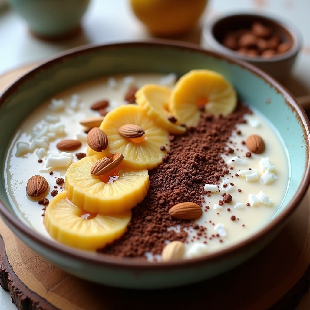 Bowl de desayuno antioxidante sin azúcar con entrañas de cacao frescas, puré de plátano macho, semillas de chía, almendras fileteadas y coco rallado, servido en un cuenco de cerámica blanca sobre fondo rústico.