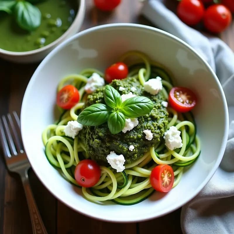 Bowl blanco con espirales de calabacín crudo en la base, cubiertas de pesto verde de espinacas, queso feta desmenuzado, tomates cherry rojos y hojas de albahaca fresca. Receta sin gluten de bowl de espirales de calabacín con pesto de espinacas y queso feta.