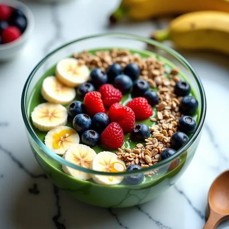 Bowl transparente con capas de yogur griego verde por la espirulina, frutos del bosque rojos y morados, rodajas de plátano amarillo, granola de semillas crujiente, semillas de chía, coco rallado y un hilo de miel dorada. Desayuno superfood colorido y estético, perfecto para redes sociales.