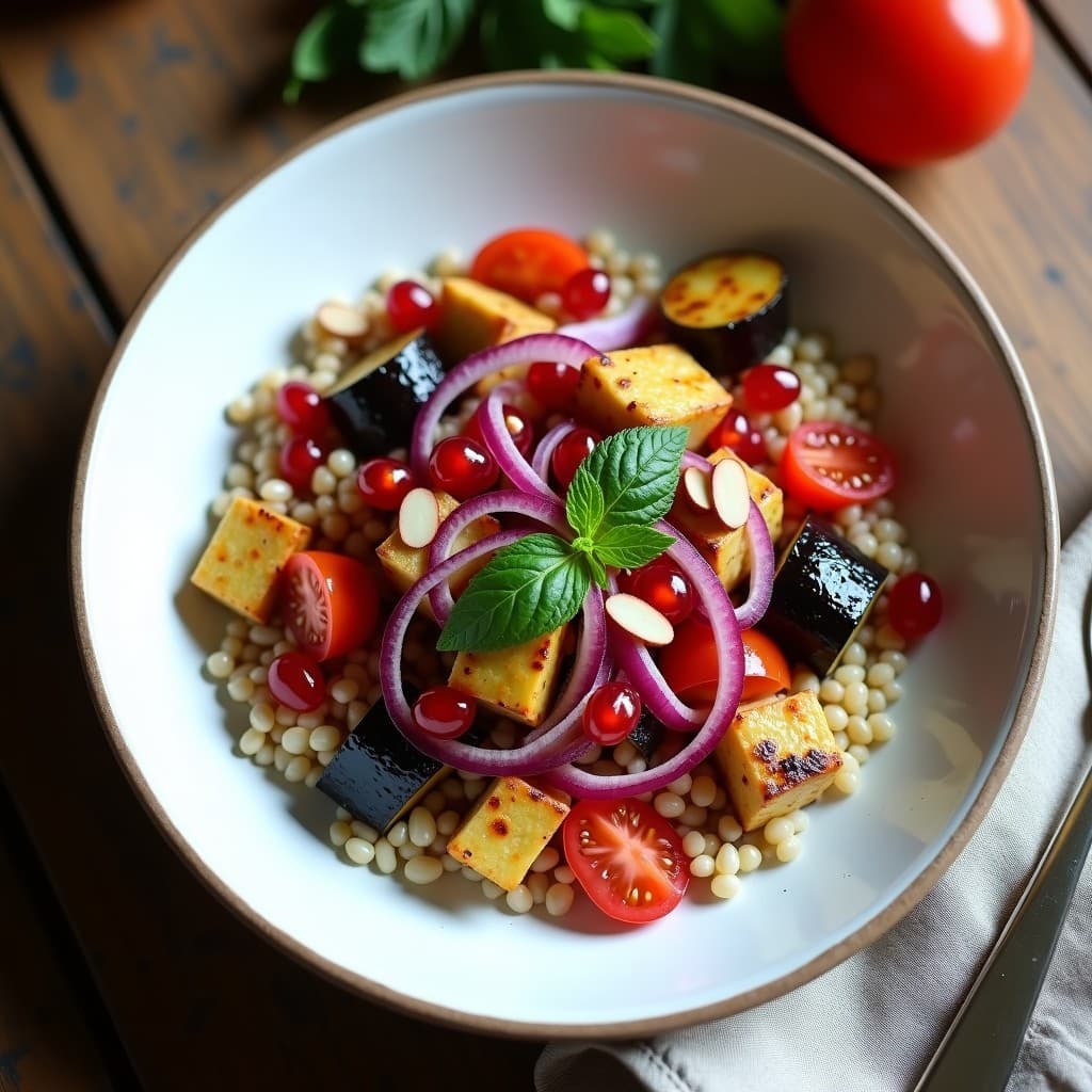 Bowl de farro perlado con berenjena asada dorada, semillas de granada brillantes, cebolla morada en juliana, tomates cherry y almendras fileteadas tostadas. Bañado en una vinagreta rosada de granadas, servido en un plato hondo de cerámica blanca sobre fondo rústico de madera. Receta mediterránea vegana saciante.