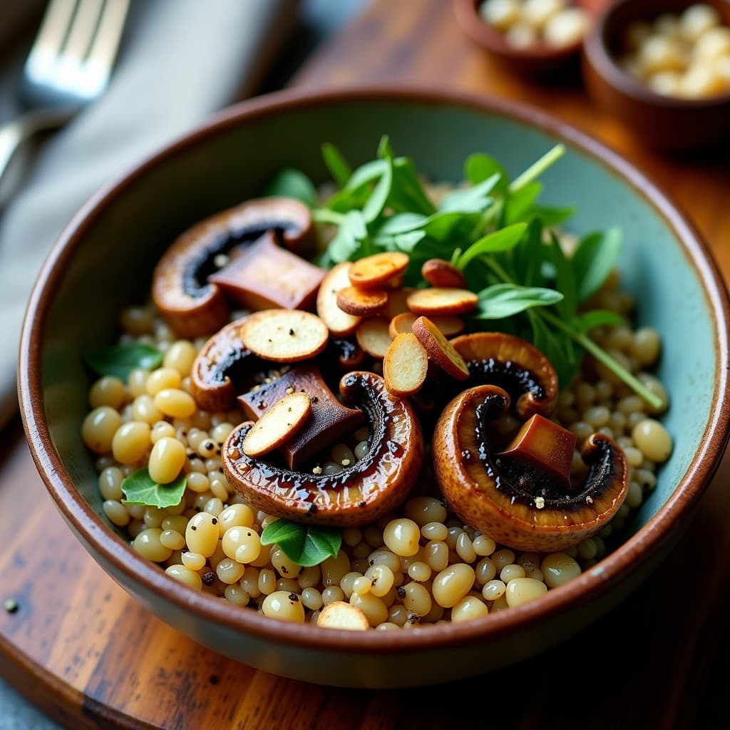 Bowl de farro perlado con champiñones portobello salteados, rúcula baby y almendras tostadas, bañado en un aderezo oscuro de trufa negra. Plato vegano italiano con texturas contrastadas y colores terrosos.